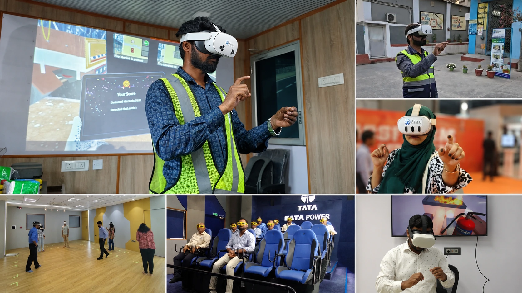 Safetizen VR safety training session with a worker in a hi-vis vest using a VR headset while a group observes the projected hazard scenario